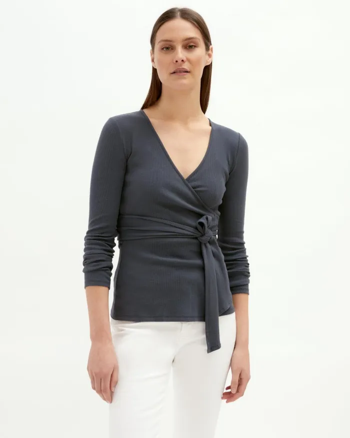 Jigsaw Tops Women Soft Rib Jersey Wrap Top Dark Grey