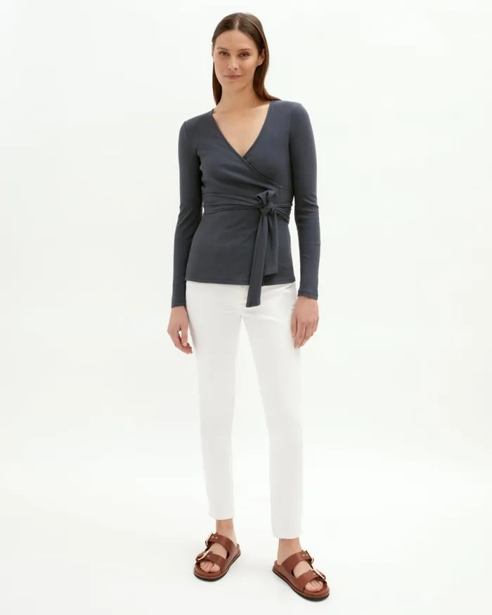 Jigsaw Tops Women Soft Rib Jersey Wrap Top Dark Grey