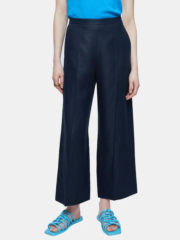 Jigsaw Trousers Women Linen Herringbone Palazzo Blue