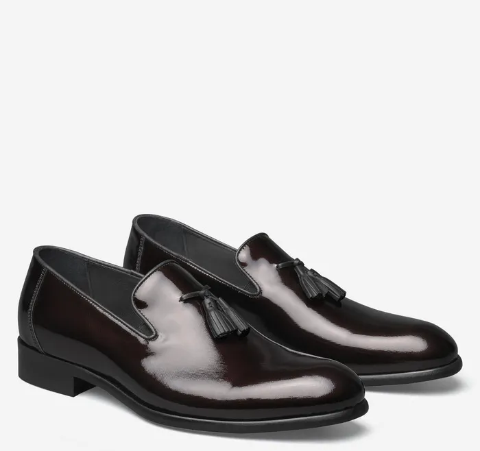 Johnston and Murphy Highland Tassel SlipOn Burgundy Italian Textured Patent Men SlipOns Johnston and Murphy Highland Tassel SlipOn Burgundy Italian Textured Patent Men SlipOns