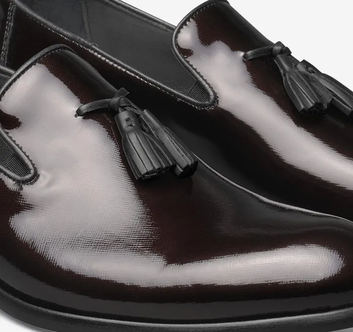 Johnston and Murphy Highland Tassel SlipOn Burgundy Italian Textured Patent Men SlipOns