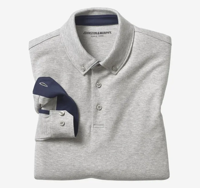 Johnston and Murphy Liquid Cotton LongSleeve Polo Heather Gray Men Polos and Tees Johnston and Murphy Liquid Cotton LongSleeve Polo Heather Gray Men Polos and Tees