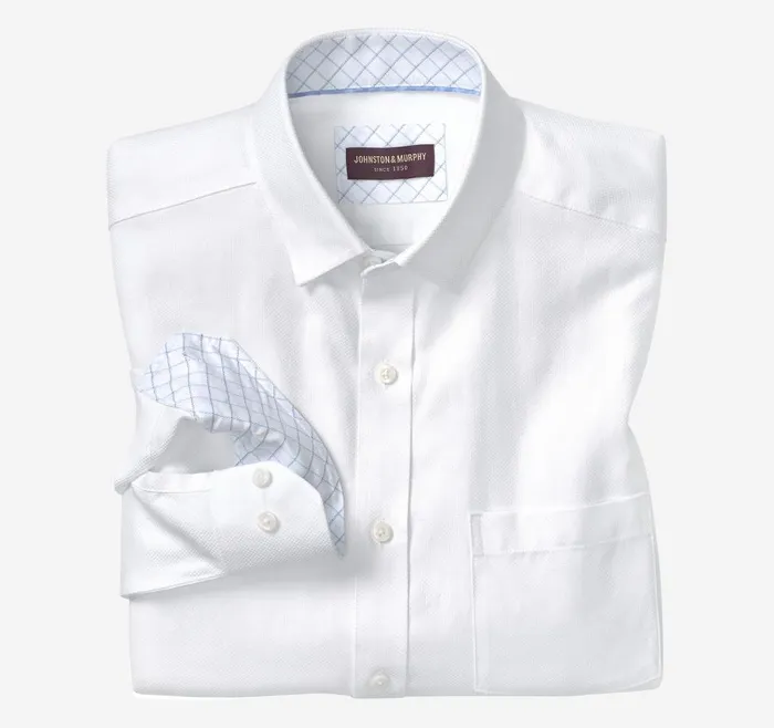 Johnston and Murphy LongSleeve Dress Shirt White Solid Birdseye Men Shirts