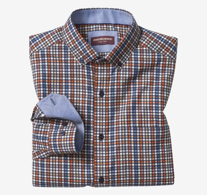 Johnston and Murphy LongSleeve Twill Checked Shirt Rustblue Outlined Check Men Shirts Johnston and Murphy LongSleeve Twill Checked Shirt Rustblue Outlined Check Men Shirts