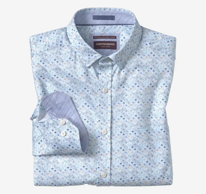 Johnston and Murphy Printed Cotton Shirt Aqua Watercolor Diamond Men Shirts