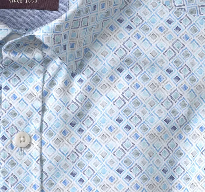 Johnston and Murphy Printed Cotton Shirt Aqua Watercolor Diamond Men Shirts Johnston and Murphy Printed Cotton Shirt Aqua Watercolor Diamond Men Shirts