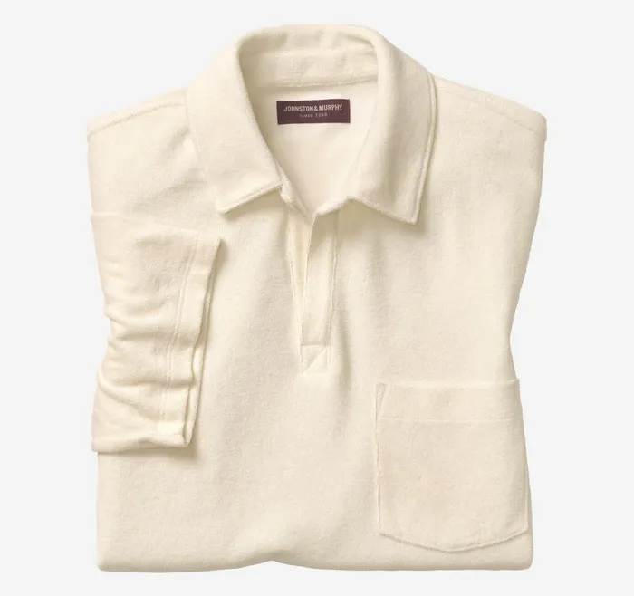 Johnston and Murphy Terry Open Collar Polo Cream Men Polos and Tees