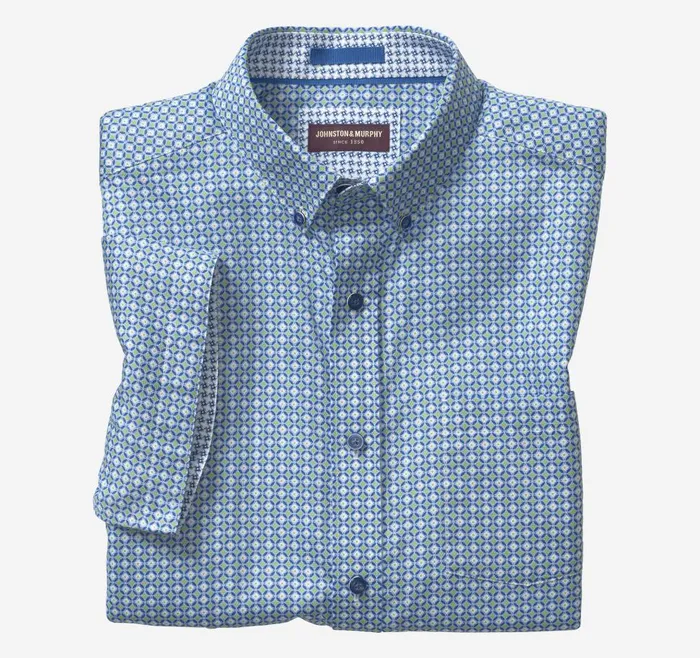 Johnston and Murphy Textured Cotton ShortSleeve Shirt Bluegreen Diamond Circle Men ShortSleeve Shirts