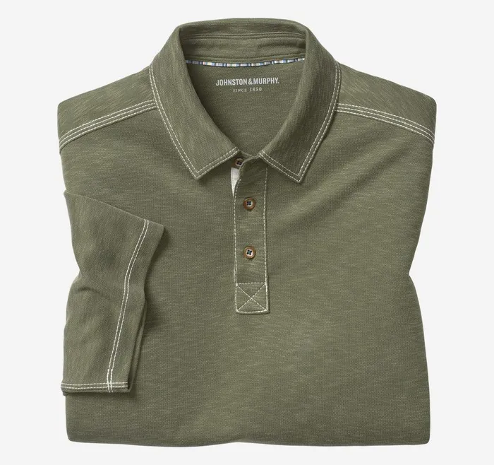 Johnston and Murphy Vintage Slub Polo Olive Men Polos and Tees