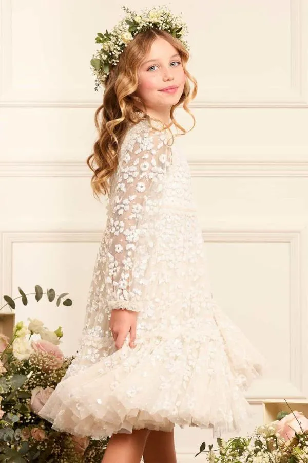 KIDS Needle and Thread Maeva Long Sleeve Kids Dress Champagne