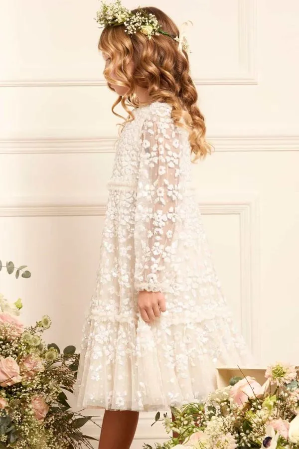 KIDS Needle and Thread Maeva Long Sleeve Kids Dress Champagne