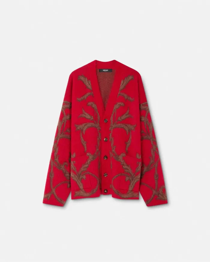 Knitwear Men Versace Acanthus Leaves MohairBlend Cardigan Red