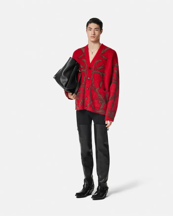 Knitwear Men Versace Acanthus Leaves MohairBlend Cardigan Red