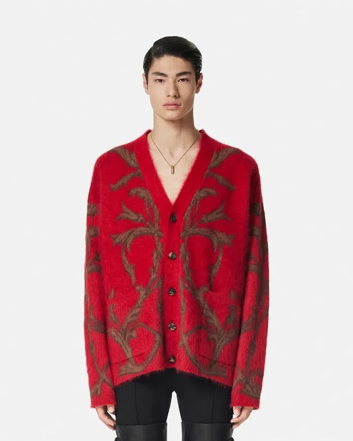Knitwear Men Versace Acanthus Leaves MohairBlend Cardigan Red