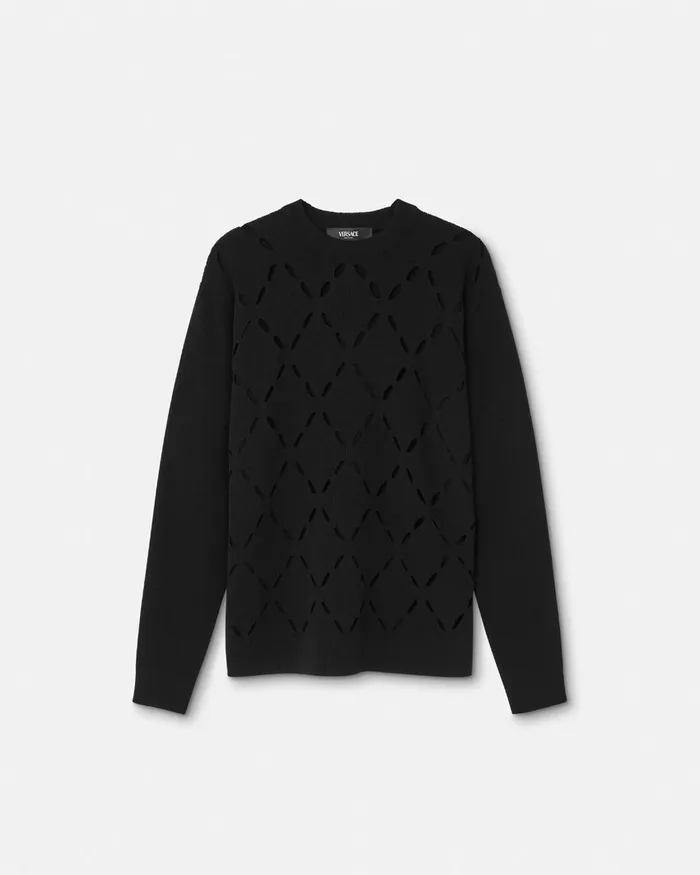 Knitwear Men Versace Slashed Merino Wool Knit Sweater Black
