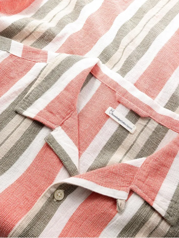 KnowledgeCotton Apparel Shirts Box Short Sleeve Striped Cotton Shirt GOTSVegan Green Stripe 8211 Men