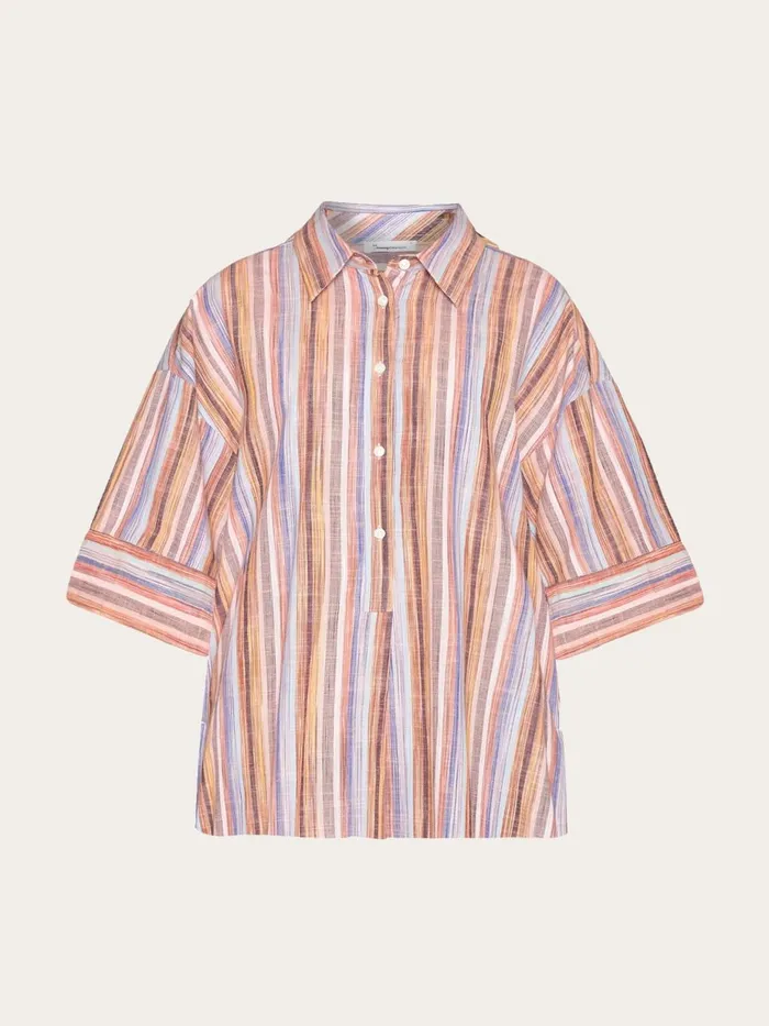 KnowledgeCotton Apparel Shirts Loose Multicolored Stripe Short Sleeved Shirt gotsvegan 8211 Women
