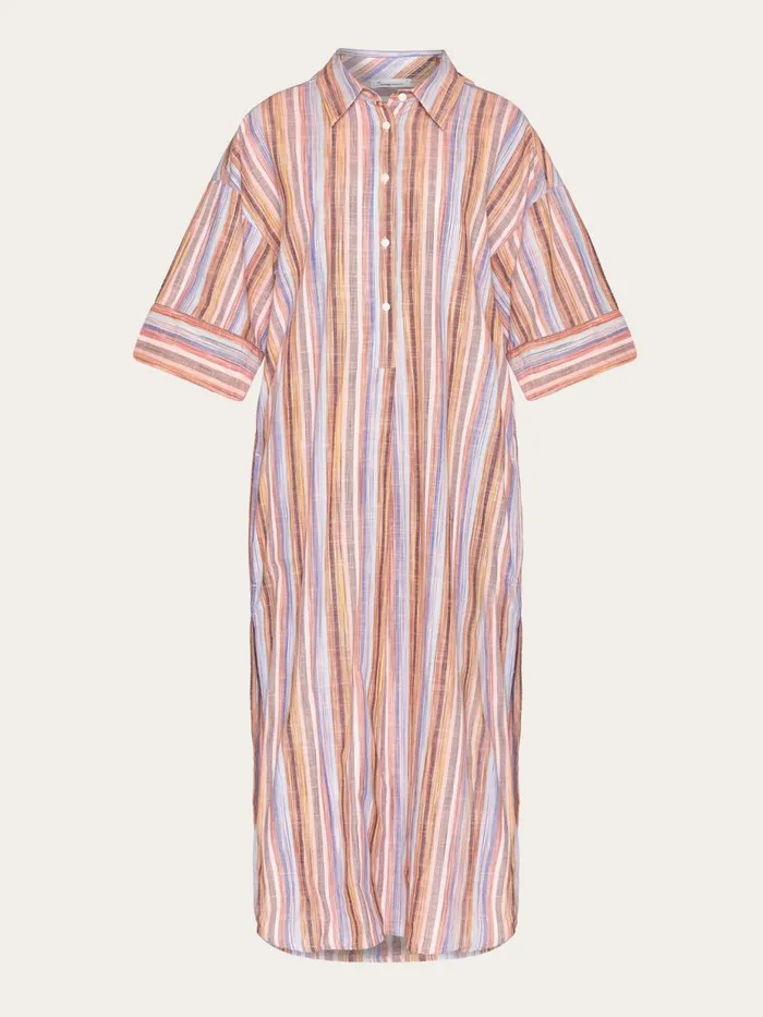 KnowledgeCotton Apparel Skirts And Dresses Loose Multicolored Stripe Short Sleeved Shirt Dress Gotsvegan 8211 Women