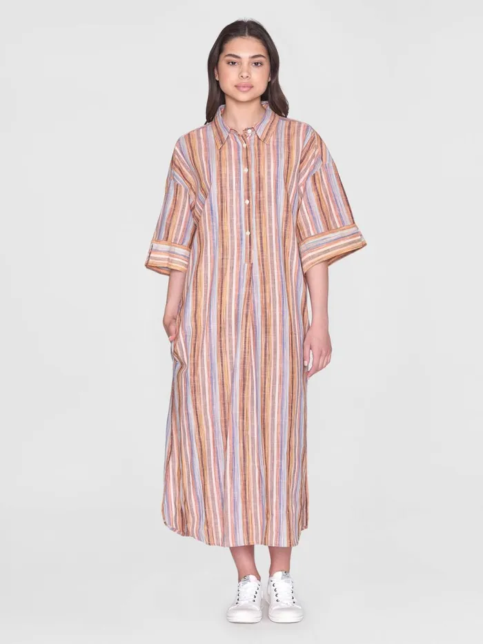 KnowledgeCotton Apparel Skirts And Dresses Loose Multicolored Stripe Short Sleeved Shirt Dress Gotsvegan 8211 Women