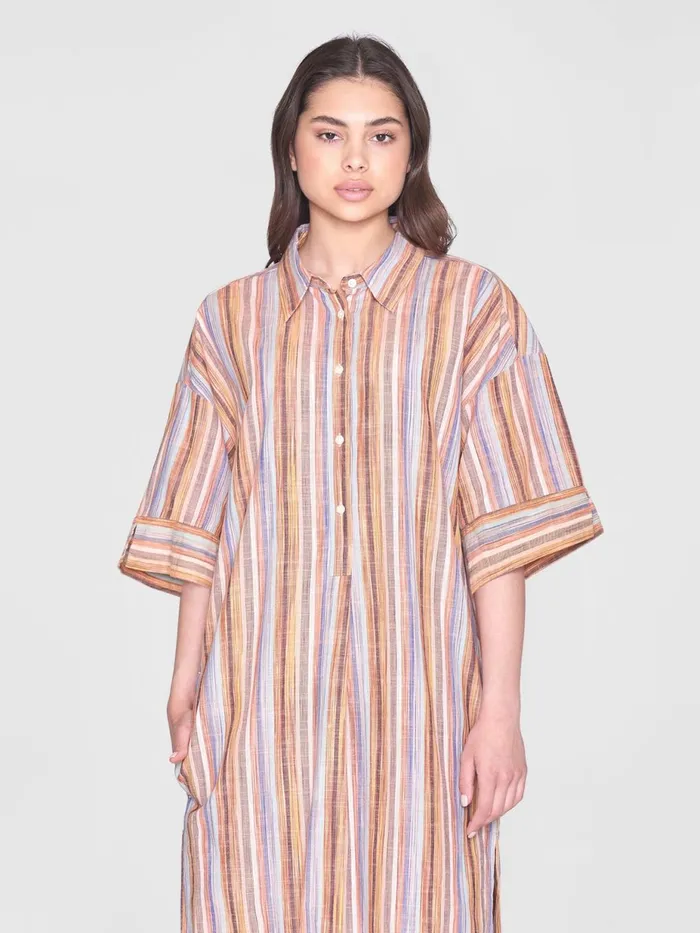 KnowledgeCotton Apparel Skirts And Dresses Loose Multicolored Stripe Short Sleeved Shirt Dress Gotsvegan 8211 Women