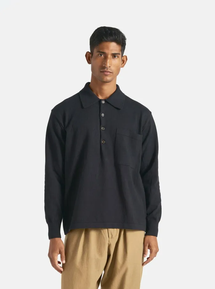 LS Pullover Knit Shirt In Black Eco Cotton Men Universal Works Knitwear