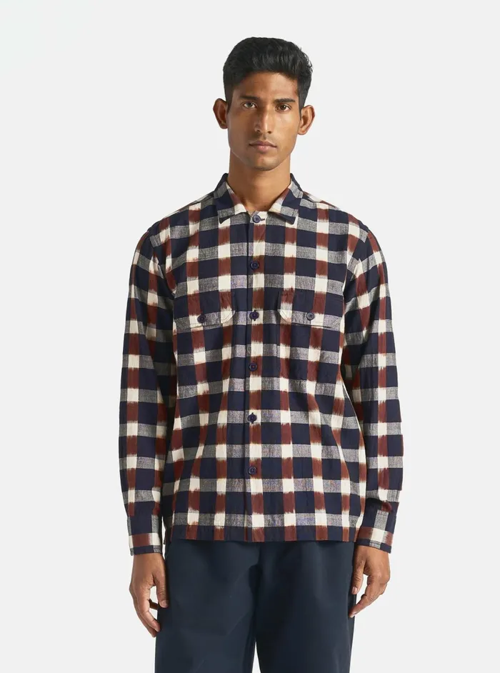 LS Utility Shirt In NavyBrown Check Ikat Men Universal Works Overshirts