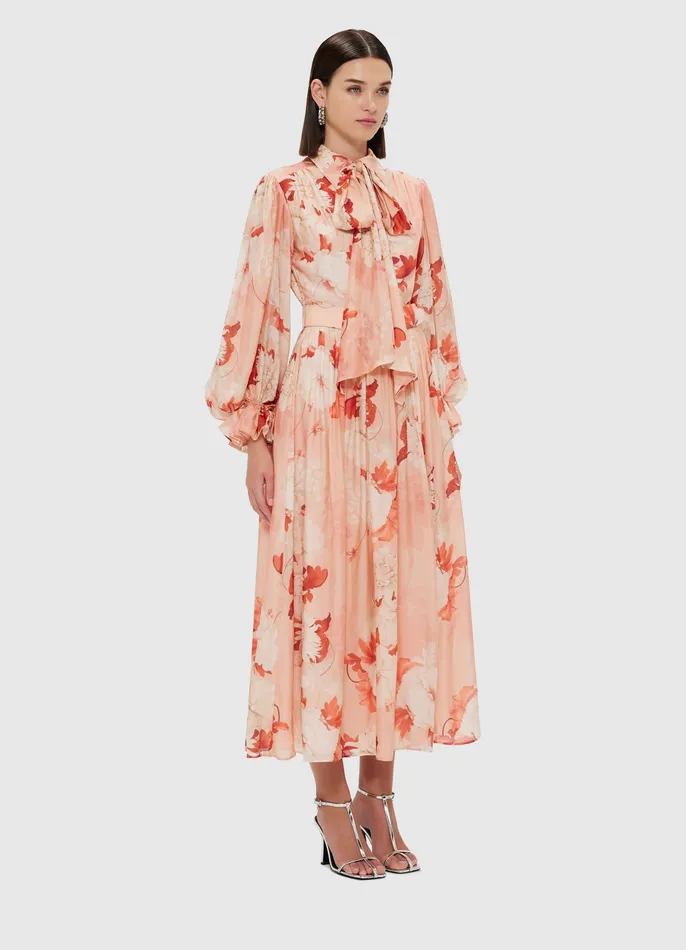 LEO LIN Dresses and Jumpsuits Women Cassie Tie Neck Midi Dress 8211 Peony Print
