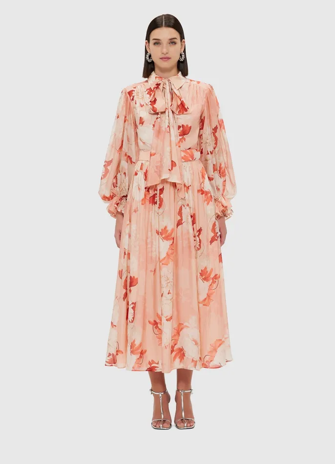 LEO LIN Dresses and Jumpsuits Women Cassie Tie Neck Midi Dress 8211 Peony Print