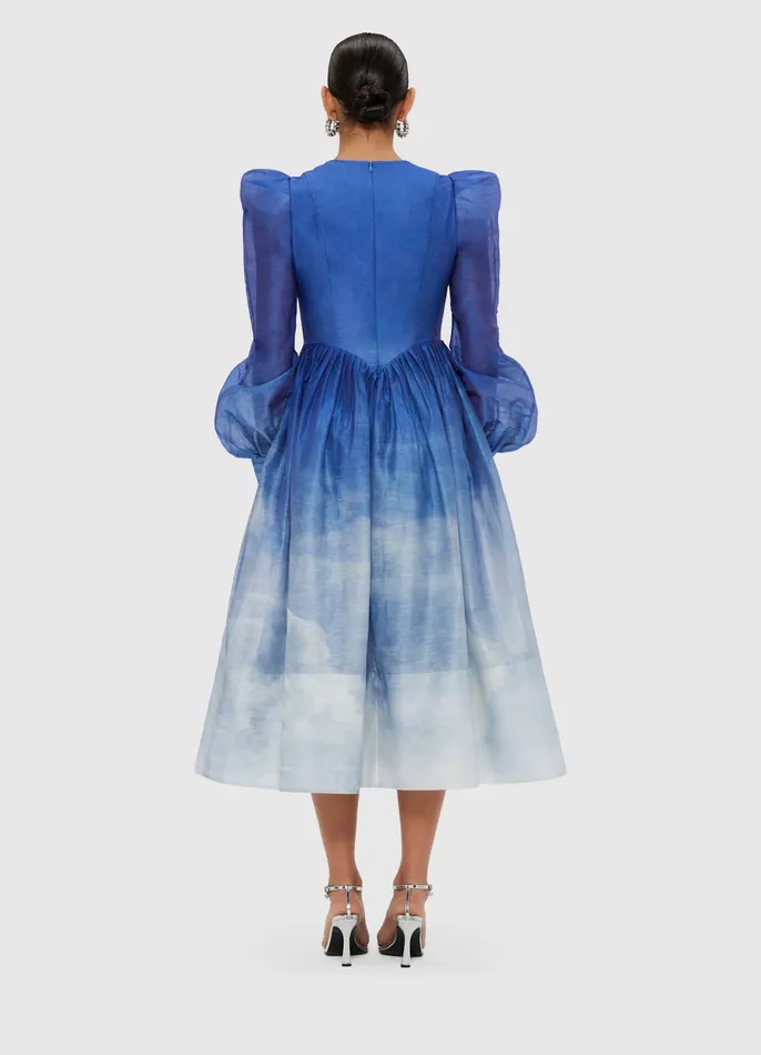 LEO LIN Jordana Structured Shoulder Midi Dress 8211 Aerial Print Women Dresses and Jumpsuits
