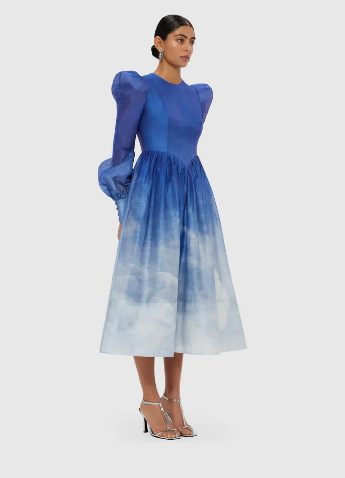 LEO LIN Jordana Structured Shoulder Midi Dress 8211 Aerial Print Women Dresses and Jumpsuits