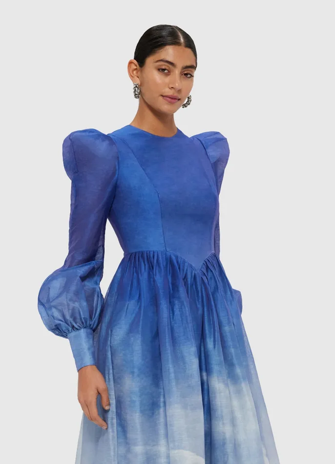 LEO LIN Jordana Structured Shoulder Midi Dress 8211 Aerial Print Women Dresses and Jumpsuits