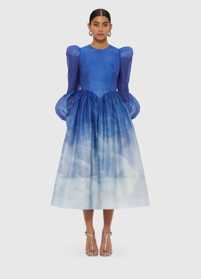 LEO LIN Jordana Structured Shoulder Midi Dress 8211 Aerial Print Women Dresses and Jumpsuits