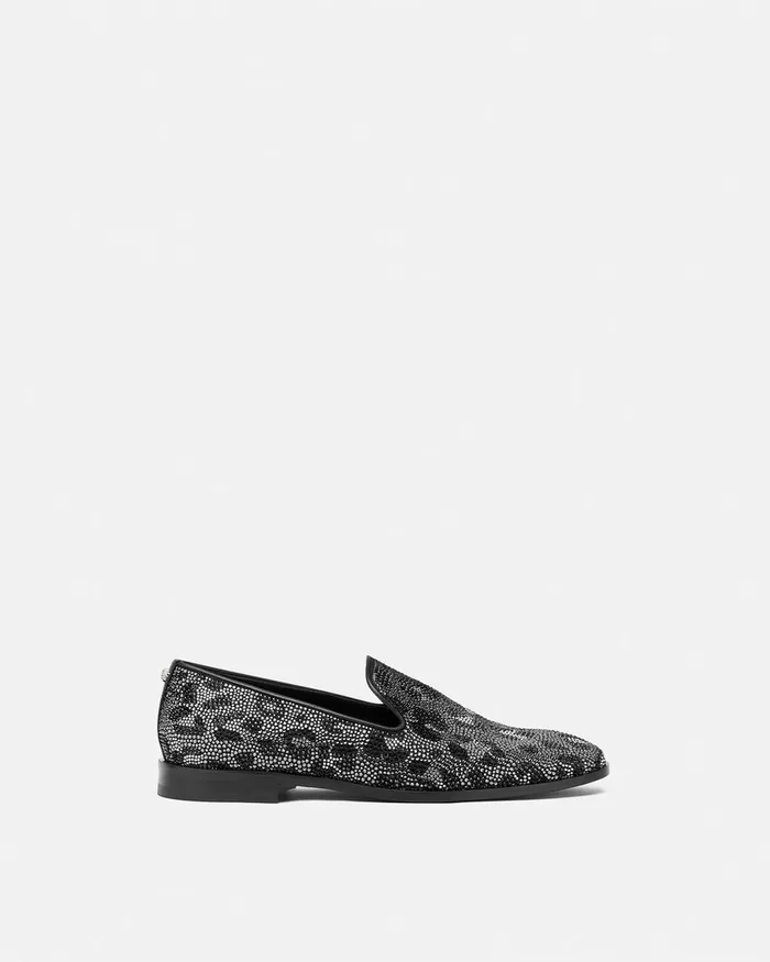 Loafers and Slippers Men Versace Crystal Leopard Medusa Slippers Blacksilver