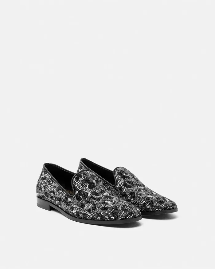Loafers and Slippers Men Versace Crystal Leopard Medusa Slippers Blacksilver