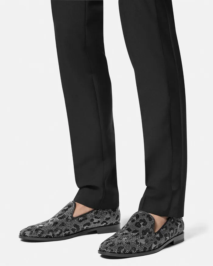 Loafers and Slippers Men Versace Crystal Leopard Medusa Slippers Blacksilver