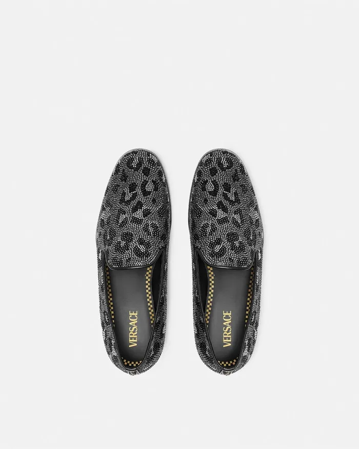Loafers and Slippers Men Versace Crystal Leopard Medusa Slippers Blacksilver