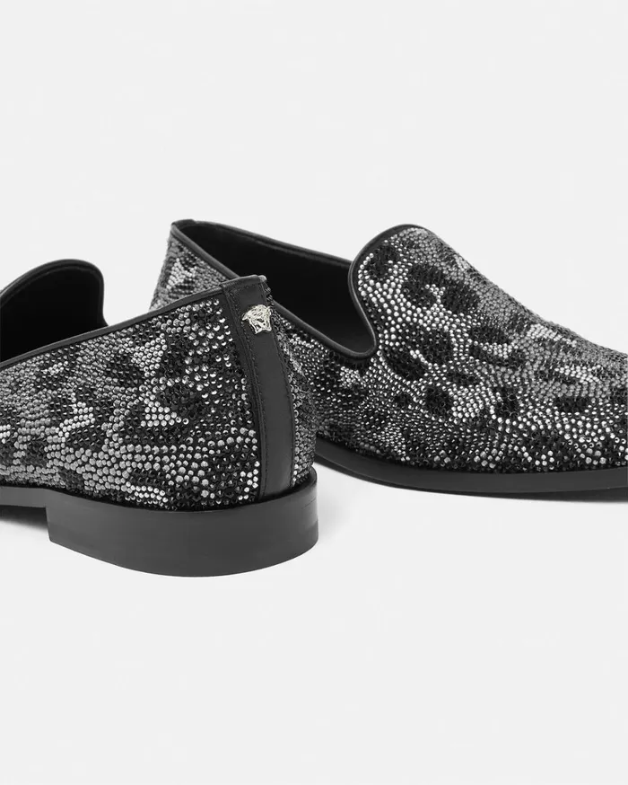 Loafers and Slippers Men Versace Crystal Leopard Medusa Slippers Blacksilver