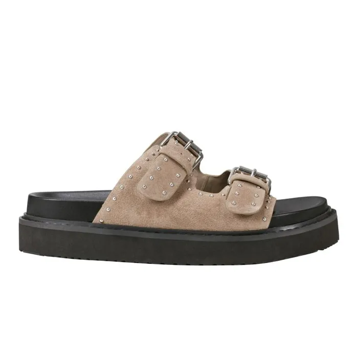 Marc Fisher Mules and Slides Women Agusta Studded Slide Sandal Taupe Suede