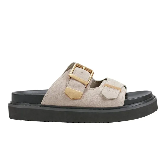 Marc Fisher Mules and Slides Women Amirra Buckle Slide Sandal Taupe Suede