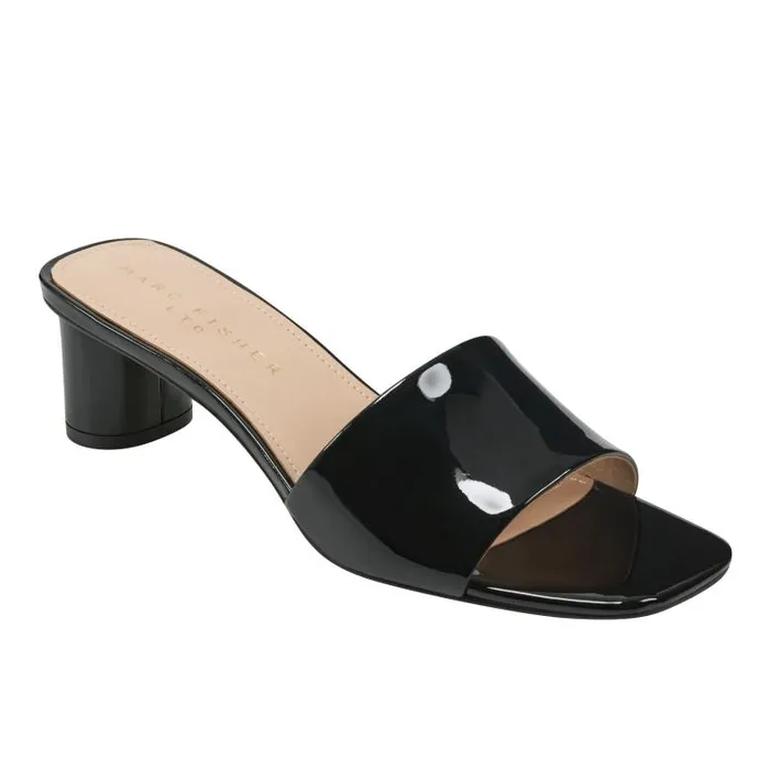 Marc Fisher Mules and Slides Women Nemmie Heeled Slide Sandal Black Patent Leather