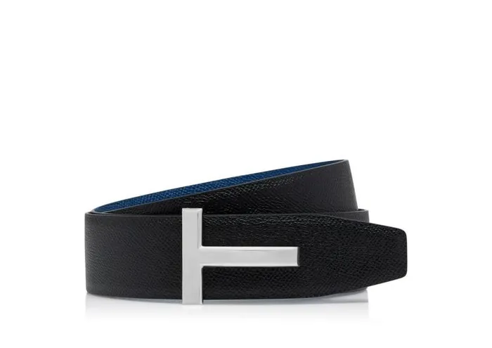 Men Belts Tom Ford Small Grain Leather T Icon Belt Black Ultramarine