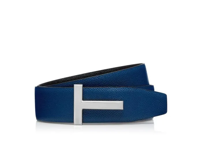 Men Belts Tom Ford Small Grain Leather T Icon Belt Black Ultramarine