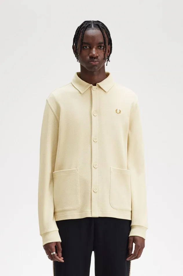 Men Button Through Long Sleeve Polo Shirt Oatmeal Fred Perry Overshirts