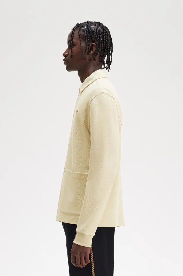 Men Button Through Long Sleeve Polo Shirt Oatmeal Fred Perry Overshirts