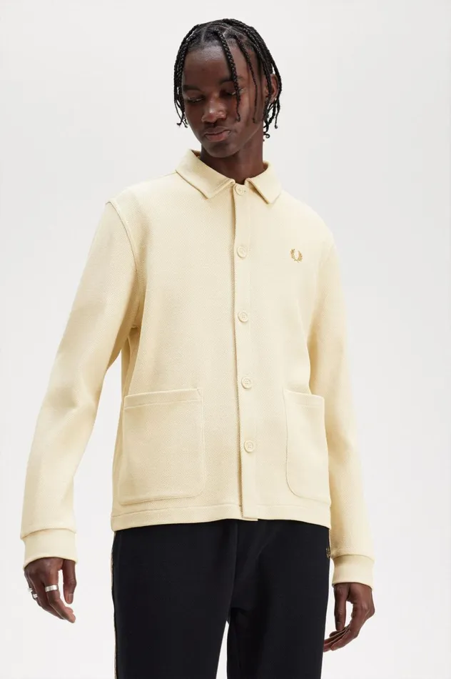 Men Button Through Long Sleeve Polo Shirt Oatmeal Fred Perry Overshirts