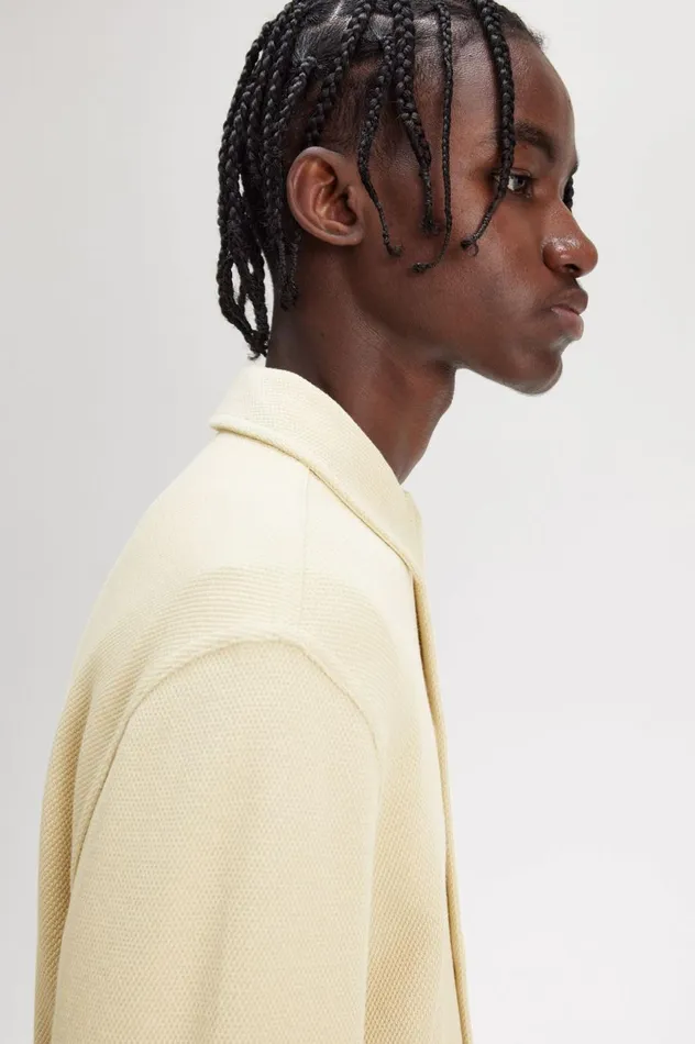 Men Button Through Long Sleeve Polo Shirt Oatmeal Fred Perry Overshirts