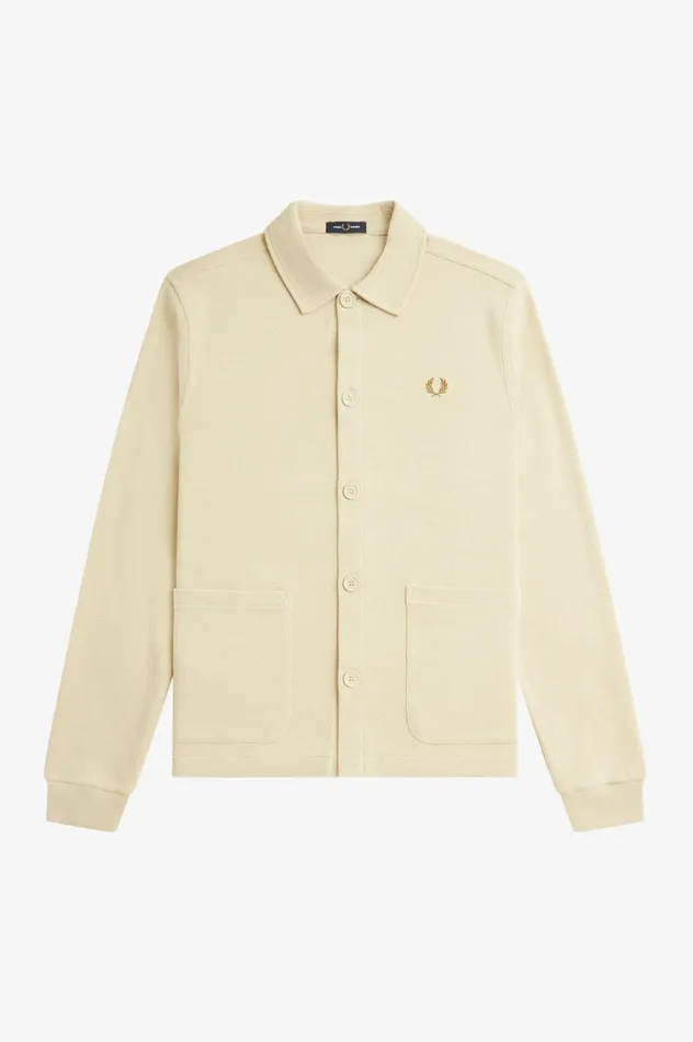 Men Button Through Long Sleeve Polo Shirt Oatmeal Fred Perry Overshirts