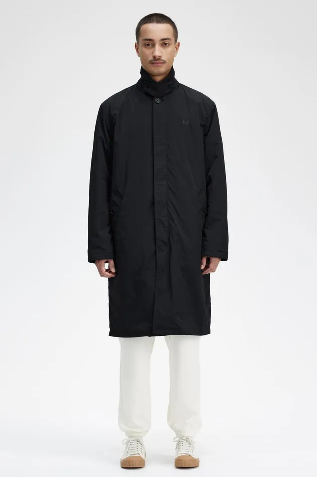 Men Button Through Mac Black Fred Perry Coats and Jackets