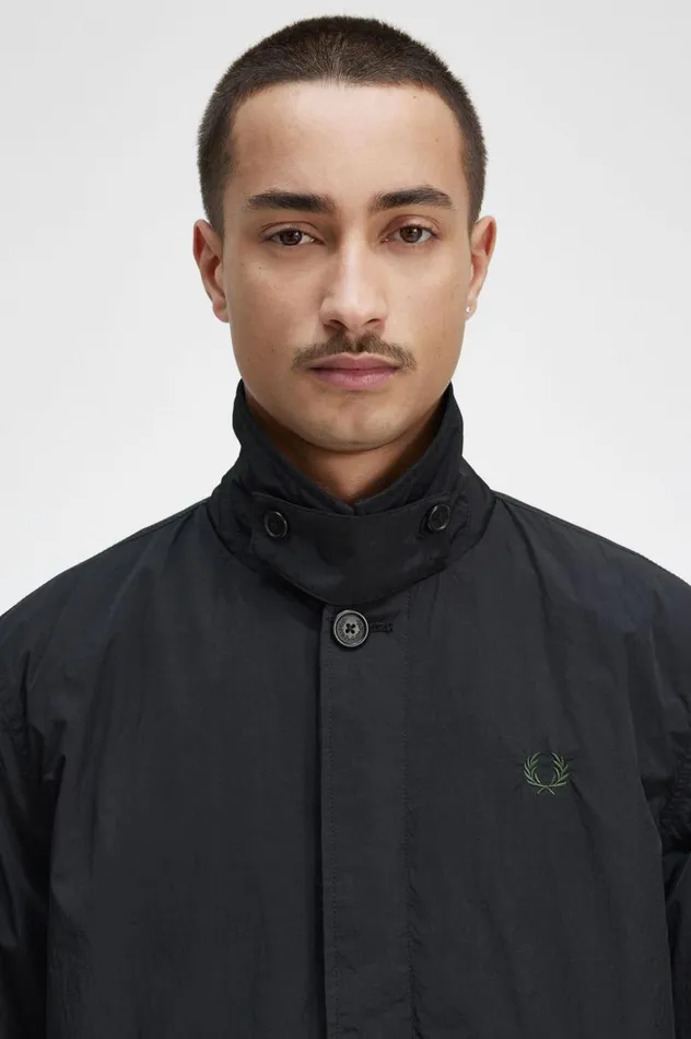 Men Button Through Mac Black Fred Perry Coats and Jackets