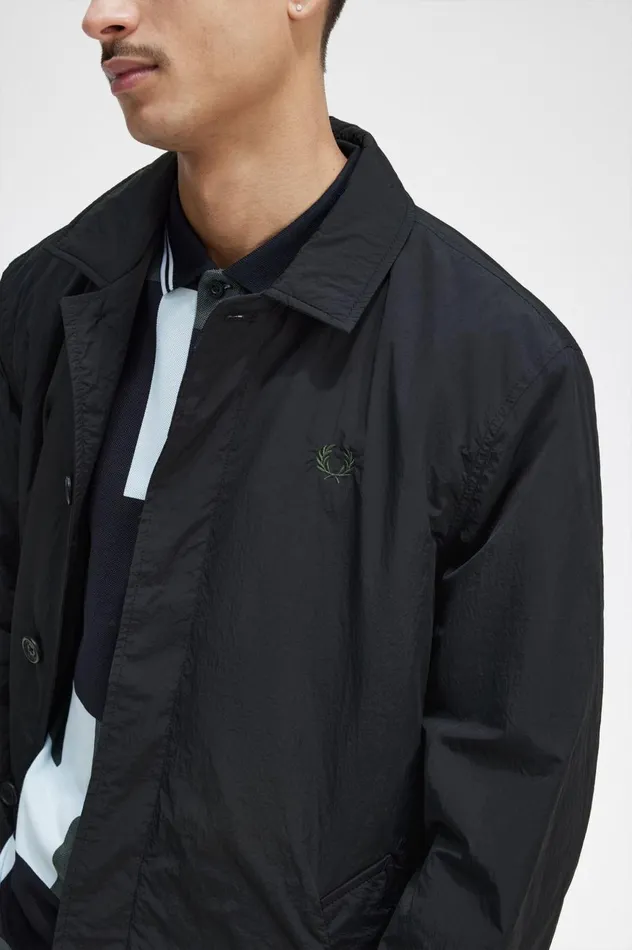 Men Button Through Mac Black Fred Perry Coats and Jackets
